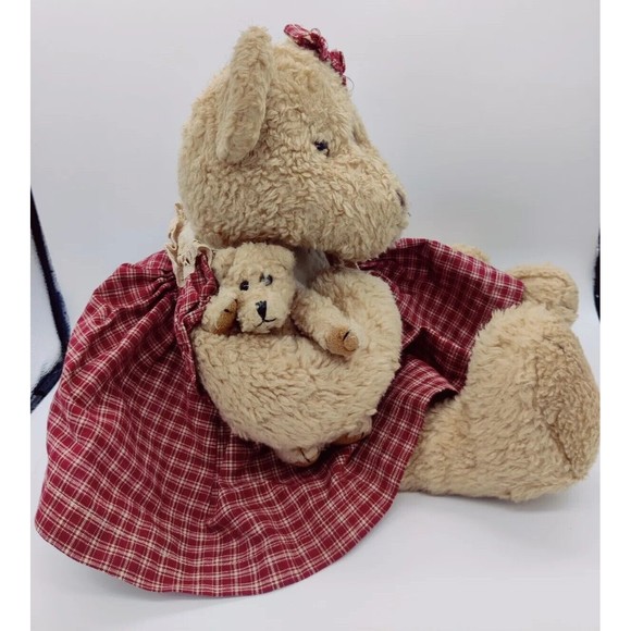 Vintage Mama & Baby Plush Boyds 18" Bear Teddy Cute Primative Plaid Dress Mom - Picture 3 of 9
